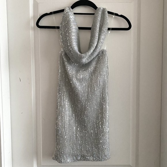 Fashion Nova Halter Cowl Neck Backless Sequence Mini Dress in Silver - Picture 2 of 2